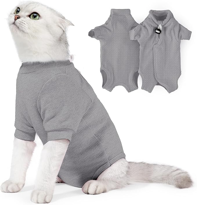 Cat Surgery Recovery Suit - E-Collar Alternative Anti-Licking Spay/Neuter Bodysuit, Soft Pet Surgical Pajamas for Cats, Abdominal Wound Onesie (Grey, Medium)