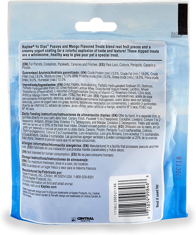 Kaytee Mango Flavored Yogurt Dipped Papaya Treats For All Pet Birds, 2.5-Oz Bag