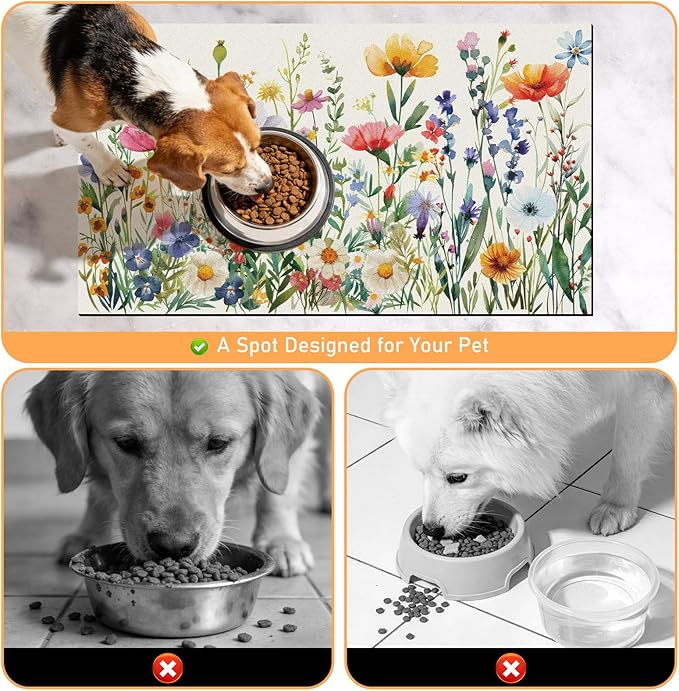 Dog Cat Food Mat - Absorbent Anti Slip Dog Bowl Mats for Food and Water, Quick Dry Cat Feeding Matts for Floors, Diatomite Pet Dish Placemat Accessories Supplies, Wildflower Style, 17 * 30in