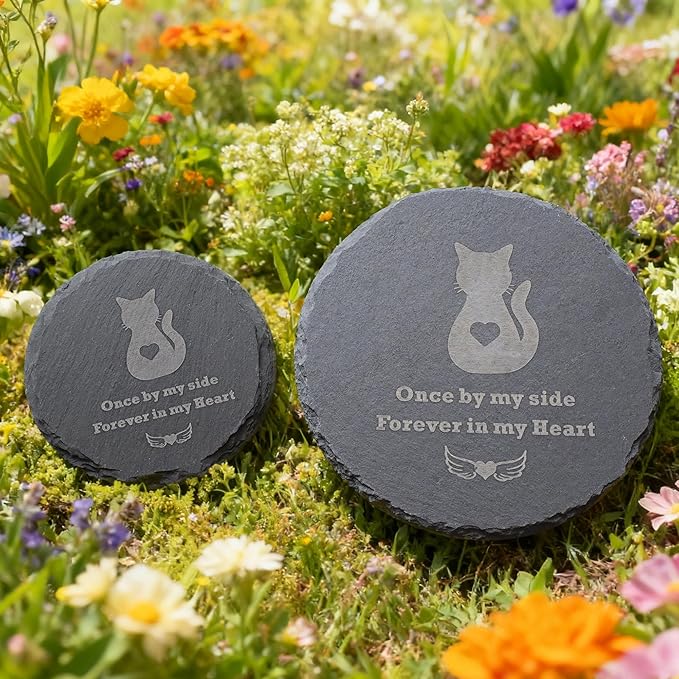 Round Cat Memorial Stone 4 Inch – “Once by My Side, Forever in My Heart” Engraved Grave Marker, Cat Loss Sympathy Gift, Outdoor Garden Pet Memorial Plaque, Indoor Memorial Decor