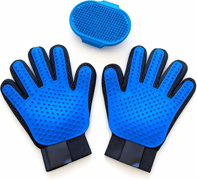 Cat & Dog Grooming Gloves – 1 Pair Deshedding Tool with Pet Massage Bath Brush, Gentle Hair Remover & Massage Mittens, Suitable for All Fur Types (Blue)