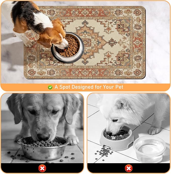 Pet Dog Food Mat - Absorbent Diatomite Dog Cat Feeding Mats for Food and Water, Anti Slip Dog Cat Bowl Placemat for Floors, Quick Dry Pet Dish Matts Supplies, Bohemia Style, 12 * 20in