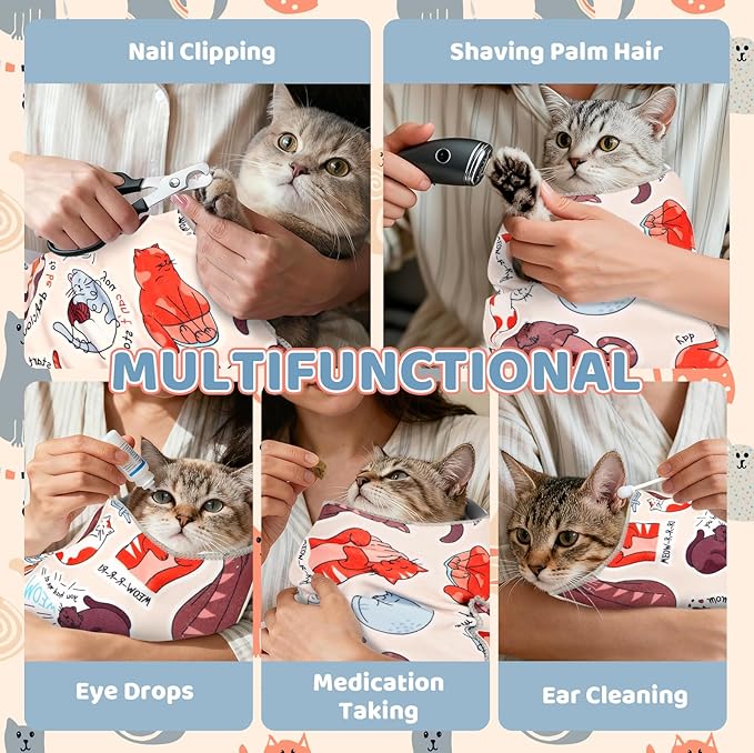 27.6" Cat Grooming Wrap for Cutting Nails, Cat Pattern Self-Adherent Fabric Wrap for Cats, Anti-Scratch Anti-Escape Multifunctional Cat Swaddle Tool for Teeth Brushing, Ear Cleaning