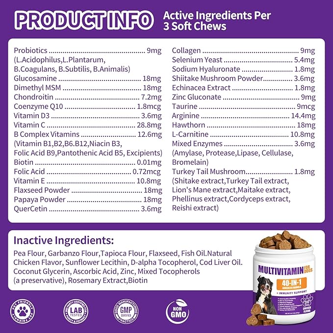 40 in 1 Dog Vitamins and Supplements 200Ct Dog Multivitamin Chewable, Immunity Support Multivitamin Vitamins with Turkey Tail Mushroom, Skin & Coat, Mobility, Gut & Heart Health, Hip & Joint Support