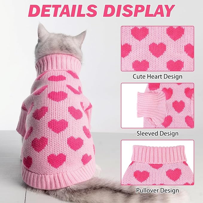 KOOLTAIL Cat Sweater - Valentine's Day Outfit with Hear Love Pattern Cold Weather Soft Warm Knit Turtleneck Clothes for Cats Kitten Small Dogs Puppy Pink M