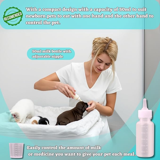 Newborn Kitten & Puppy Feeding Kit, 50ml Nursing Bottle & Syringe Set with Soft Silicone Nipples, Oral Dosing Syringe & Medicine Dispenser, BPA-Free Nursing Supplies for Cats, Dogs, Rabbits, Squirrels