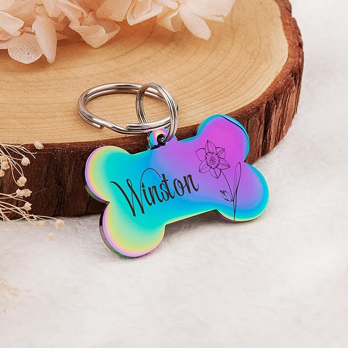 Anavia Floral Pet ID Tags, Birth Month Flowers Theme Dog Tag Round Bone Shape Cat Name Tag, Glossy Stainless Steel Gold Plated Dog Collar Tag (Bone Shape - Rose Gold, Large)