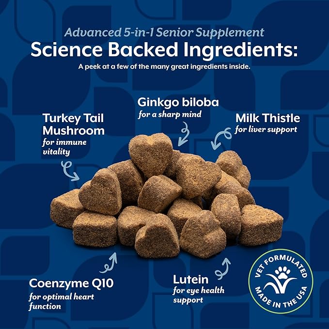 NaturVet Senior Advanced 5-in-1 Support Dog Supplement – Helps Support Immune System, Heart, Liver, Cognitive Function, Eye Health – Includes Ginkgo Biloba, Lutein – 120 Ct.