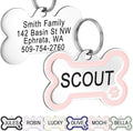 GoTags Stainless Steel Pet ID Bone Round and Heart Shaped Tags with Enamel Paw Design, Personalized Dog and Cat Tags, up to 5 Lines of Custom Text, Engraved on Both Sides (Rose, Regular Bone)