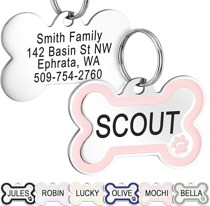 GoTags Stainless Steel Pet ID Bone Round and Heart Shaped Tags with Enamel Paw Design, Personalized Dog and Cat Tags, up to 5 Lines of Custom Text, Engraved on Both Sides (Rose, Regular Bone)