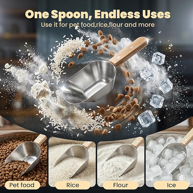 Dog Food Scoop 1 Cup,304 Stainless Steel Cat Food Scoop with Long Wooden Handle,Dog Food Measuring Cup with Precision Scale for Pet Food Rice Flour