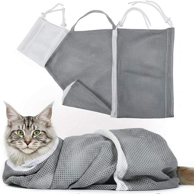 Cat Bathing Bag - Anti-Bite & Anti-Scratch Shower Bag, Adjustable Restraint Bag for Cat Washing, Nail Trimming & Injections, Breathable Mesh Design