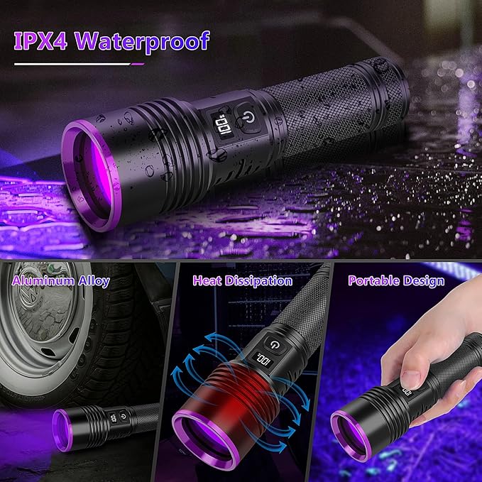 WINDFIRE 365nm UV Flashlight, Rechargeable Blacklight Flashlights with LCD Display, Powerful Black Light for Pet Urine Detection, Scorpions, Resin Curing, Blood Tracking, Uranium Glass, AC Leak