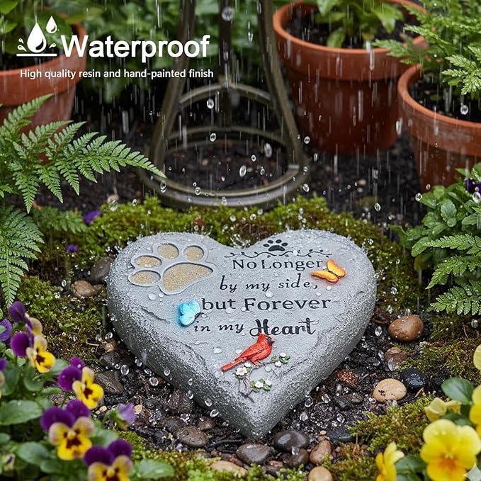 Pet Memorial Stone for Cats Dog Remembrance Gift with Paw Print, Cardinal & Butterfly, Pet Grave Markers Heart-Shaped Resin Dog Loss Sympathy Gift 6 inch