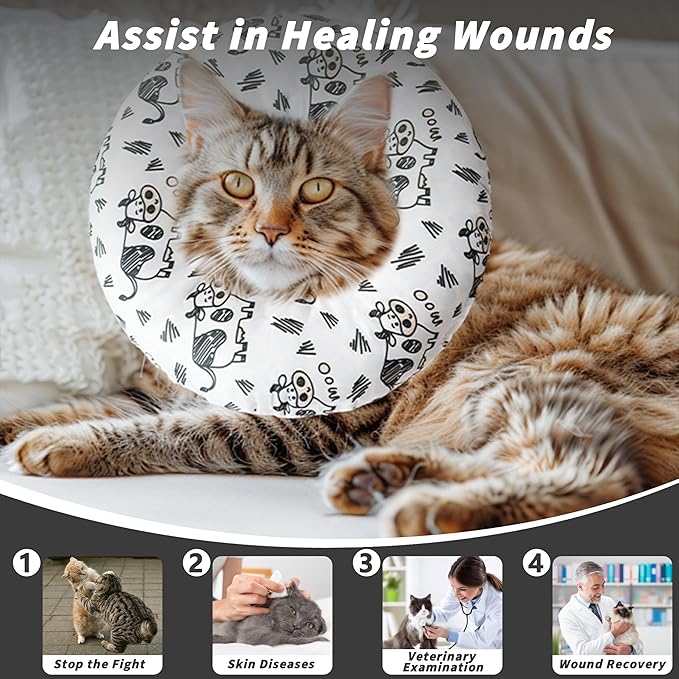 Soft Cat Cone Collar, Cute Cats Recovery Collar Suitable for Small, Medium, Large cat,Elizabethan Neck Collar for Cats After Surgery (Cow, Small)