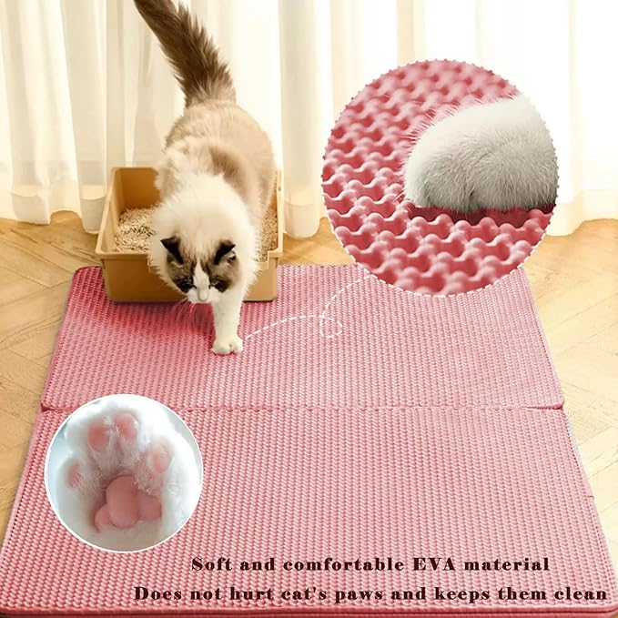 HCY&WLD Cat Litter Mat, Honeycomb Double Layer Cat Litter Trapping Mat, Waterproof Urine Proof Non-Slip, Scatter Control, Less Waste, Easier to Clean (Pink, 45" X 26")
