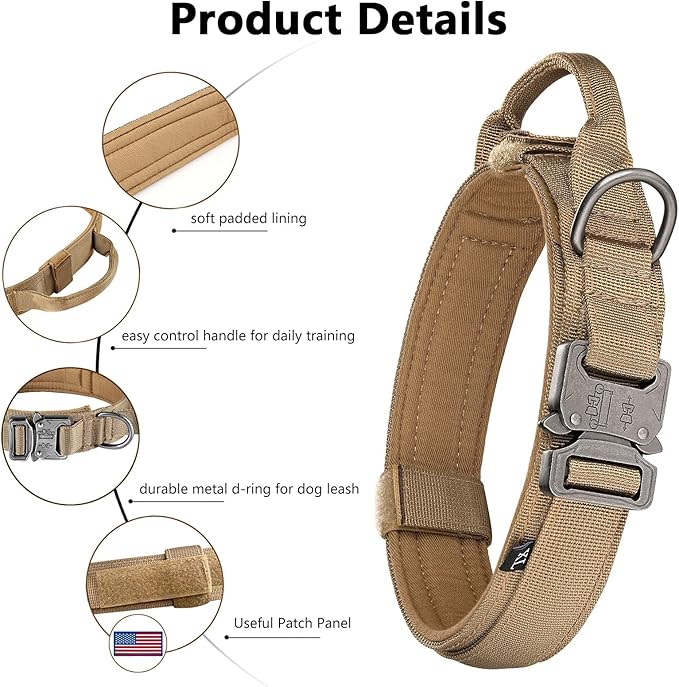 DAGANXI Tactical Dog Collar Leash Set, Adjustable Military Training Nylon Dog Collar with Controll Handle and Heavy Metal Buckle for Medium and Large Dogs，with Patches and Airtags Case (XL, Brown-SET)