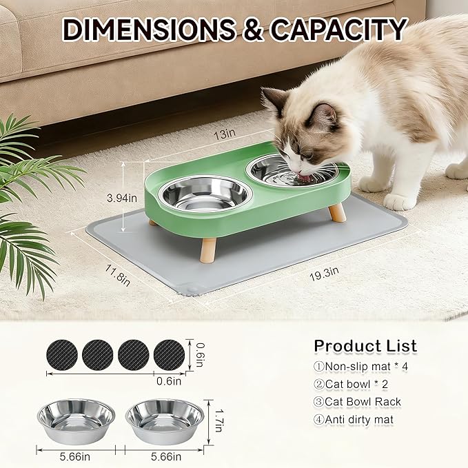 Elevated Cat Bowls with Food Mat, Splash Proof Anti Vomiting Raised Cat Food and Water Bowl Set, 2 Stainless Steel Dishes for Cats and Puppy, Pet Bowl for Indoor Cats Green