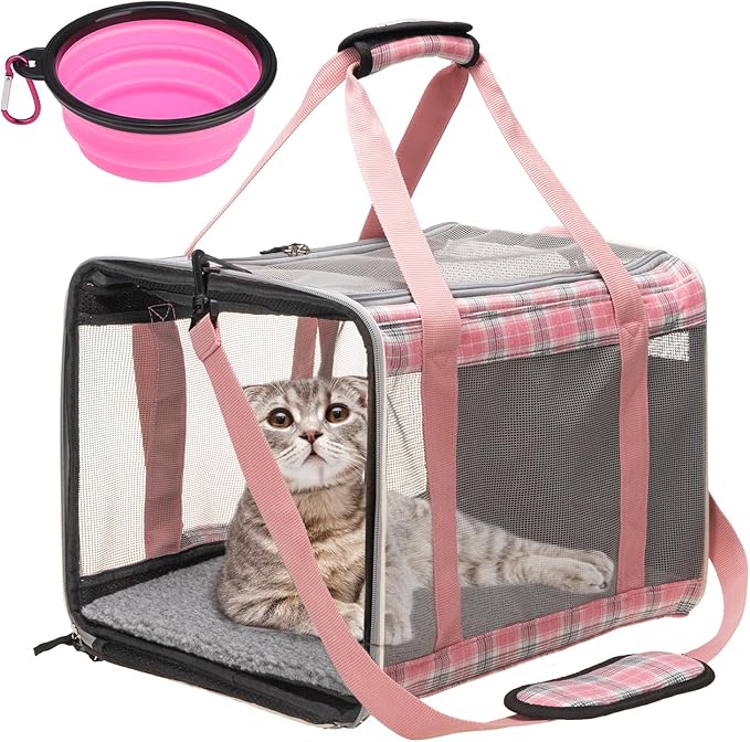 Soft Sided Cat Carrier for Large Cats Up to 20 Lbs, Collapsible Cat Bag Airline Approved with Upgrade Zipper Closures,17 * 12 * 12in Pet Travel Carrier for Small Dogs Puppy or 2 Kittens, Pink