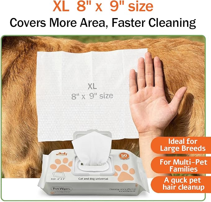Pet Grooming Wipes 50 Count, Jumbo Size 8" x 9", Lick-Safe, Alcohol-Free Deodorizing Wipes for Dogs & Cats with Sensitive Skin