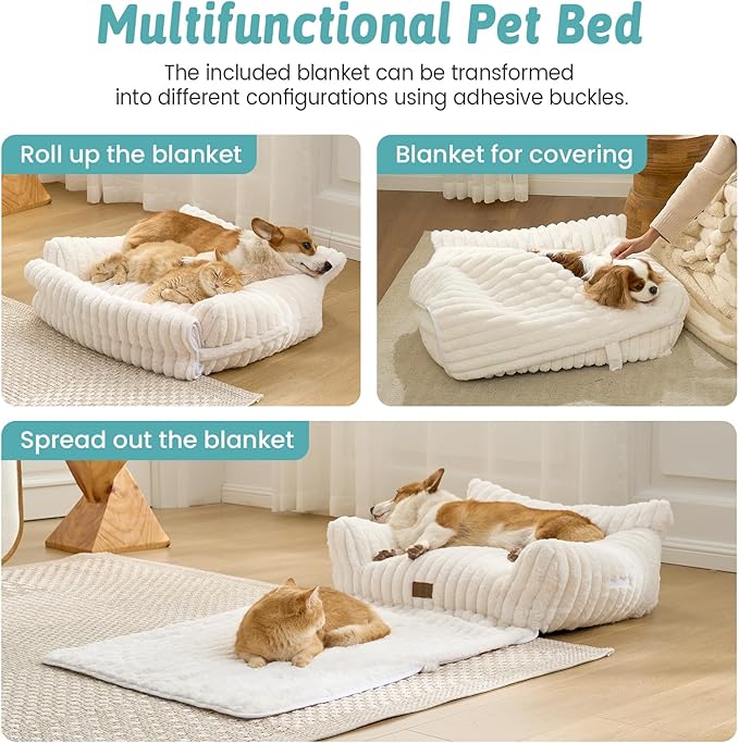 Cute Cat Bed with Removable Cover, Multifunctional Plush Faux Fur Pet Couch Bed with Blanket, Ultra-Soft Pet Furniture for Cats & Small Dogs (Cream, M: 32''x24'')