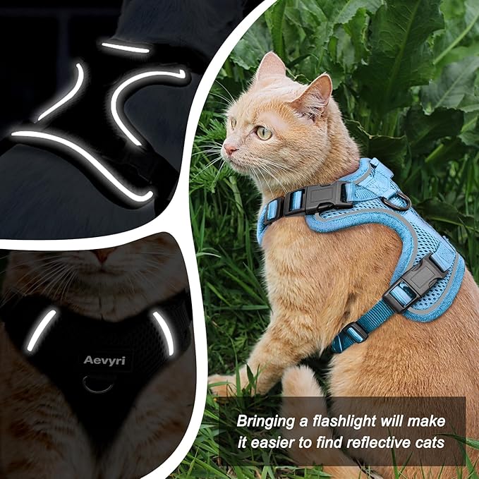 Cat Harness and Leash for Walking, The Upgrade Can be Adjusted in Four Directions and Breathable Cat Harness for Anti Escape that can be Fitted and Positioned, Reflective Strips Harness, Blue, S