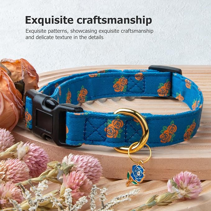 Cotton Handmade Dog Collar Cute and Distinctive Patterns Blue Rose with Pendant for Girl Boy Dogs Collars L