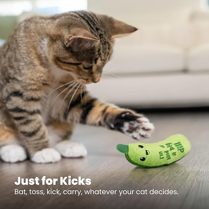 Catstages Crunchy Pickle Kicker Cat Toy – Plush Crinkle Toy with Catnip and Dental Mesh, 6.5" (Pack of 2)