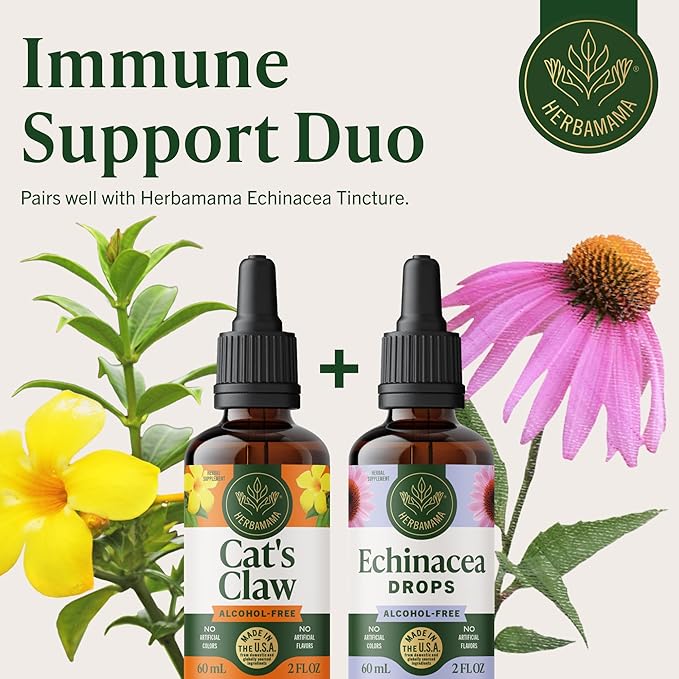 HERBAMAMA Cat's Claw Tincture - Vegan Cat's Claw Extract Supplement for Immune Support - Non-GMO, Alcohol & Sugar-Free Uncaria Tomentosa Drops
