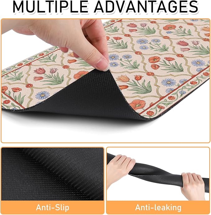Dog Bowl Mat for Food and Water - Hamdwerk Absorbent Anti Slip Cat Feeding Mats for Floors, Quick Dry Pet Dog Feeding Matts, Diatomite Pet Dish Placemat Supplies, Vintage Floral Style, 17 * 30in