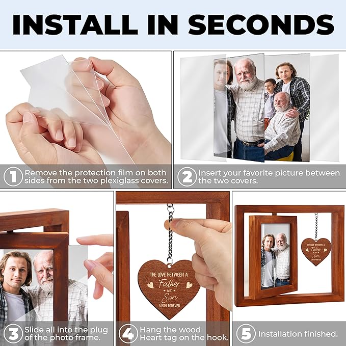 Rotating Picture Frame Father's Day Gift, Frame Fits 4x6 Photo for Dad, To the World You Are a Dad Wooden Keepsake Idea Father Stepdad Birthday Gift from Daughter Son Tabletop Decor HR-DAD-WAL