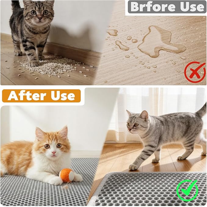 Cat Litter Mat, Honeycomb Double Layer Waterproof & Urine Resistant Non-Slip Litter Trapping, Easy Clean Washable Scatter Control for Litter Box (Gray, 30x24 Inch)