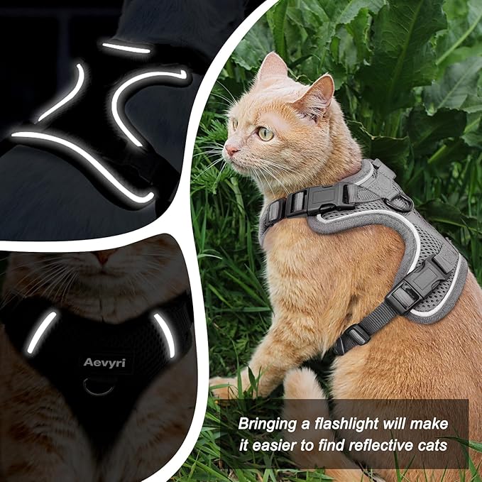 Cat Harness and Leash Set for Walking Escape Proof, Adjustable Soft Kittens Vest with Reflective Strip for Cats, Comfortable Outdoor Vest, Cat Car Leash, Grey, L