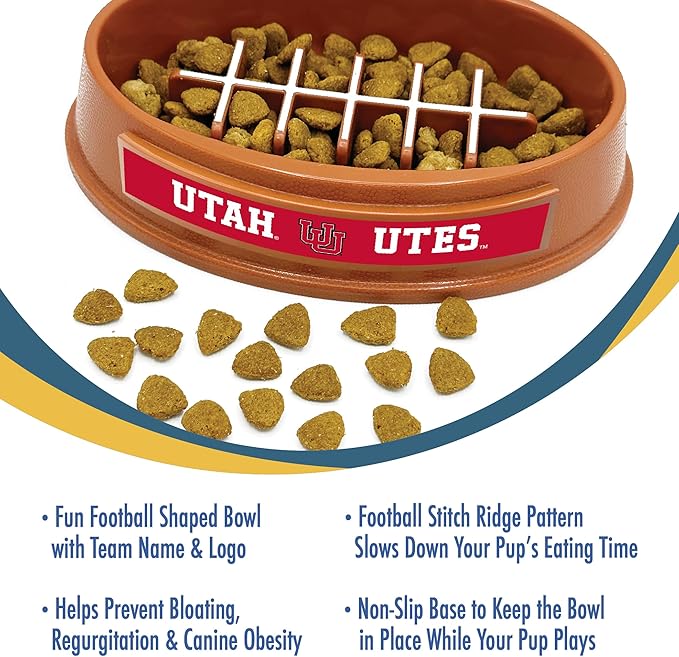 NCAA Super-Bowl - Utah Utes Slow Feeder Dog Bowl. Football Design Slow Feeding Cat Bowl for Healthy Digestion. Non-Slip Pet Bowl for Large & Small Dogs & Cats