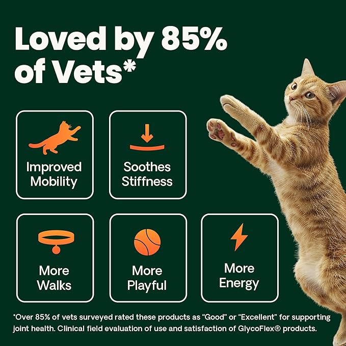 VetriScience Ultimate Strength Healthy Hip & Joint Chews, GlycoFlex Glucosamine, Chondroitin and Green-Lipped Mussel Joint Supplement for Cats, Soothe Joint Discomfort, Fish, 30 Count