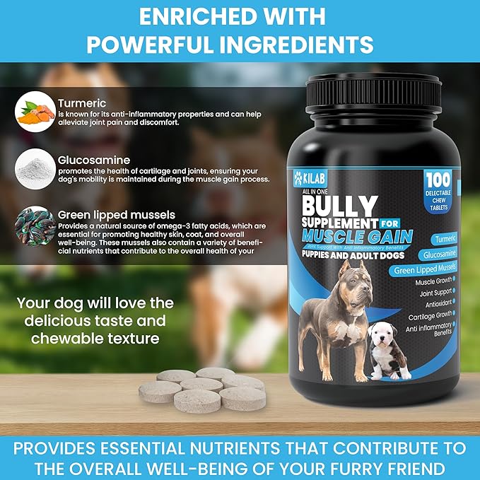 Kilab Dog Weight Gainer – 100-Count Muscle Builder Dog Supplement – Muscle Growth Supplement for Dogs, Puppies and Adults – Bully Growth Formula with Turmeric, Glucosamine, Green Lipped Mussels