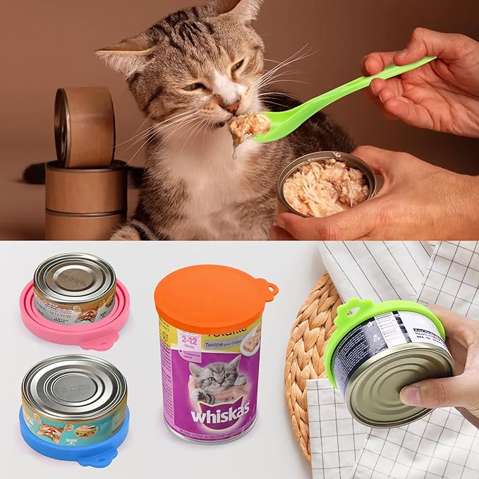 Lydia’s Deal Pet Food Can Covers 2-Pack, Thick Silicone Universal Can Lids for Dog & Cat Food, Fits 3oz/5.5oz/12oz, Airtight Seal, Durable & Dishwasher Safe, Easy Grip with Spoon (Blue & Orange)