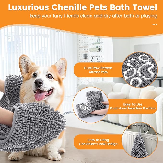 Smiry Chenille Dog Drying Towel, Extra Absorbent Bath Towel for Mud Dogs, Ultra Soft Quick Dry Pet Wash Mitt for Bathing, Grooming and Post-Walk Cleaning (38x15 Inches, Grey)