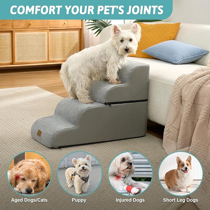 Detachable Curved Wide Dog Stairs 19.7" H, 4 Step Small Dog Step for Puppy or Older Cat, Ramp for Bed, Sofa, Couch or Chair, Ladder with High Density Foam, 17.7x28.3x19.7 inch, Grey