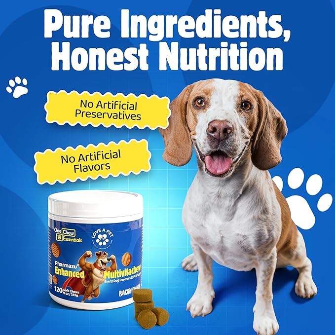 Enhanced Multivitachew – Dog Supplies Multivitamin Soft Chews with Glucosamine for Dogs – Supports Joints, Skin, Coat & Digestion – Dog Vitamins & Omega, Probiotics – 120 Bacon Chews