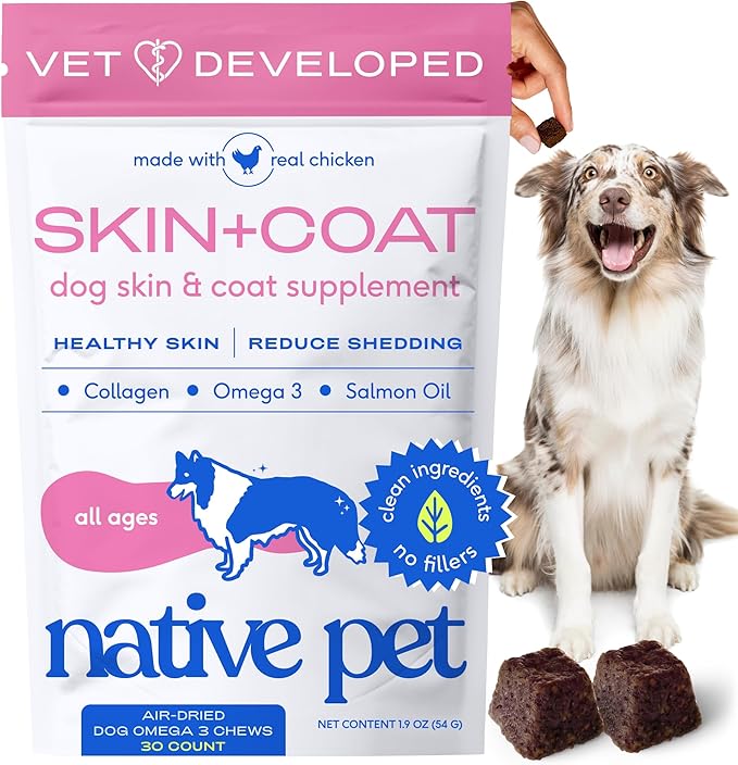 Native Pet Skin & Coat Chews - Omega 3 Fish Oil for Dogs Skin & Coat Supplement - Itch Relief, Shiny Fur & Shedding Support - Collagen, Hyaluronic Acid, Biotin, Probiotics & Salmon Oil - 30 Chews