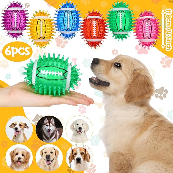 6 Pcs 4.5'' Spiky Squeaker Colorful Football Dog Toys for Medium Large Dogs Toys Heavy Duty Rubber Chew Toy for Aggressive Chewers Spiky Ball Fetch Toy for Training Clean Teeth Outdoor