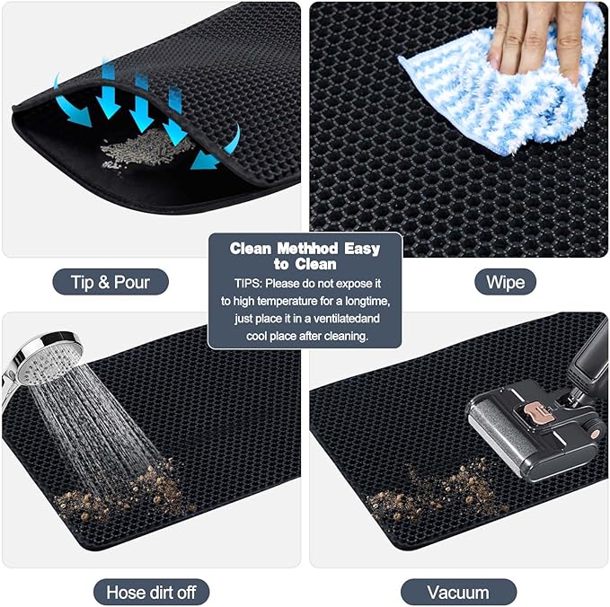 Cat Litter Mat 23.6"x15.7" Double Layer Waterproof & Non-Slip - Honeycomb Washable EVA Litter Mat for Scatter Control, Urine Proof Litter Trapping Mat for Litter Box(Black)