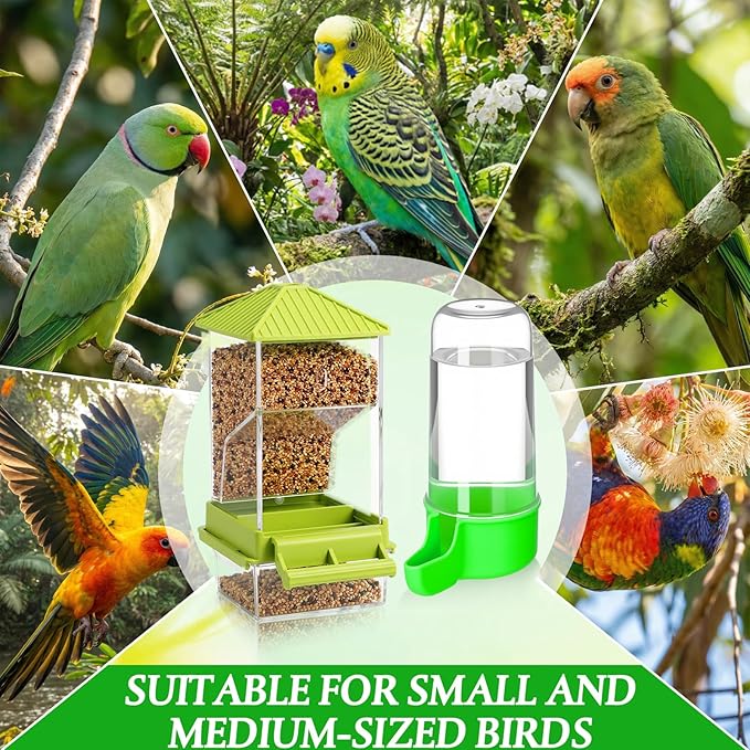 Novabright 7 Pcs No Mess Bird Feeder Water Dispenser Set Include Automatic Parakeet Feeder and Drinker with Bird Paw Grinding Stick Cage Accessories for Small Medium Cockatiel Lovebird(Cute,Green)