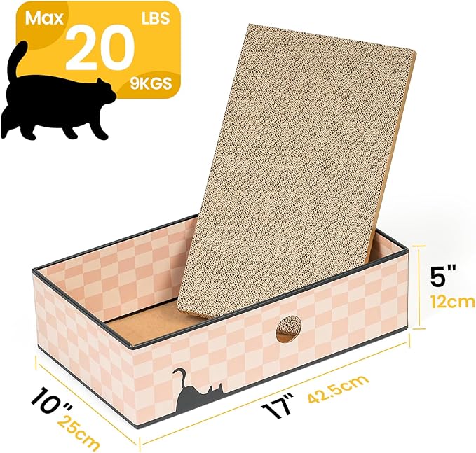 Conlun Cat Scratcher Box with 3-Layer Corrugated Board, Heavy-Duty Double-Sided Cardboard Cat Bed, Interactive Hole Design, Checkered, Large