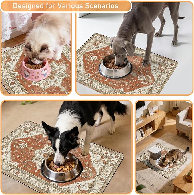 Dog Food Bowl Mat - Absorbent Quick Dry Dog Feeding Mats for Food and Water, Anti Slip Cat Bowl Placemat for Floors, Diatomite Pet Dish Matts Accessories Supplies, Bohemia Style, 16 * 24in
