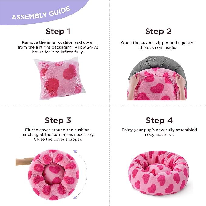 Lesure Donut Medium Dog Bed Calming - Round Cat Beds Indoor Valentine's Day Gift for Pets, Orthopedic Washable Cute Home Decor Beds with Jacquard Shaggy Plush & Anti Slip Bottom, 30 Inch, Lover Hearts