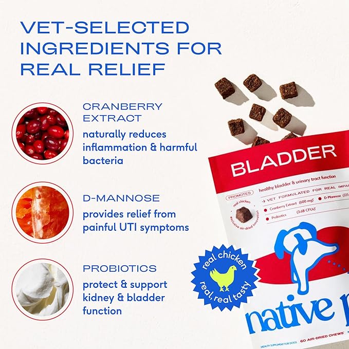 Native Pet Dog UTI Treatment - Cranberry Supplement for Dogs - Supports Normal Bladder Function, Urinary Tract & Kidney Health - Real Cranberry Extract, D-Mannose & Probiotics - Air-Dried - 30 Chews