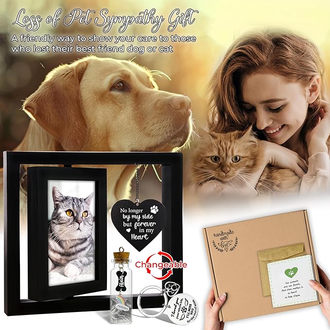 Pet Memorial Gifts Rotating 4x6 Picture Frame Wooden Black Dog Cat Remembrance Keepsake Pet Fur Jar Rainbow Bridge No Longer By My Side Heart Tag Pet In Loving Sympathy Keychain Loss Gift PR-6B