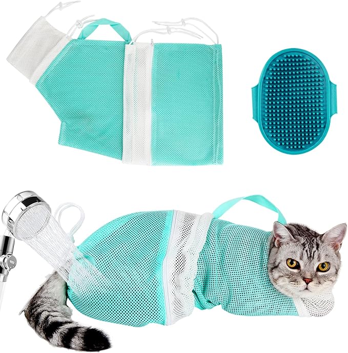 Cat Bathing Bag Adjustable Cat Grooming Net Bag Anti-bite & Anti-Scratch Cat Bath Washing Restraint Bag, Breathable Mesh Cat Grooming Bag for Shower, Nail Trimming, Injection (Light Green)